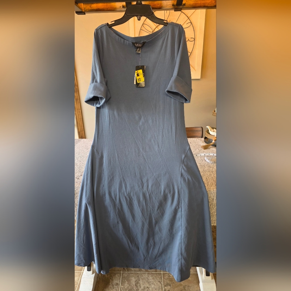 Lauren Ralph Lauren Slate Blue Midi Dress with Short Rolled Sleeves